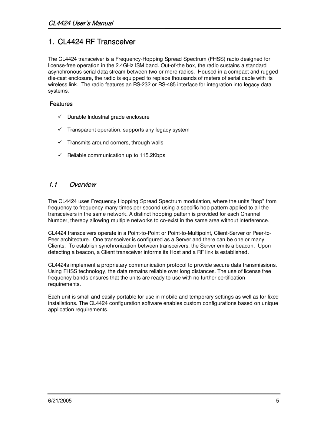 AeroComm user manual CL4424 RF Transceiver, CL4424 User’s Manual, Overview, Features 