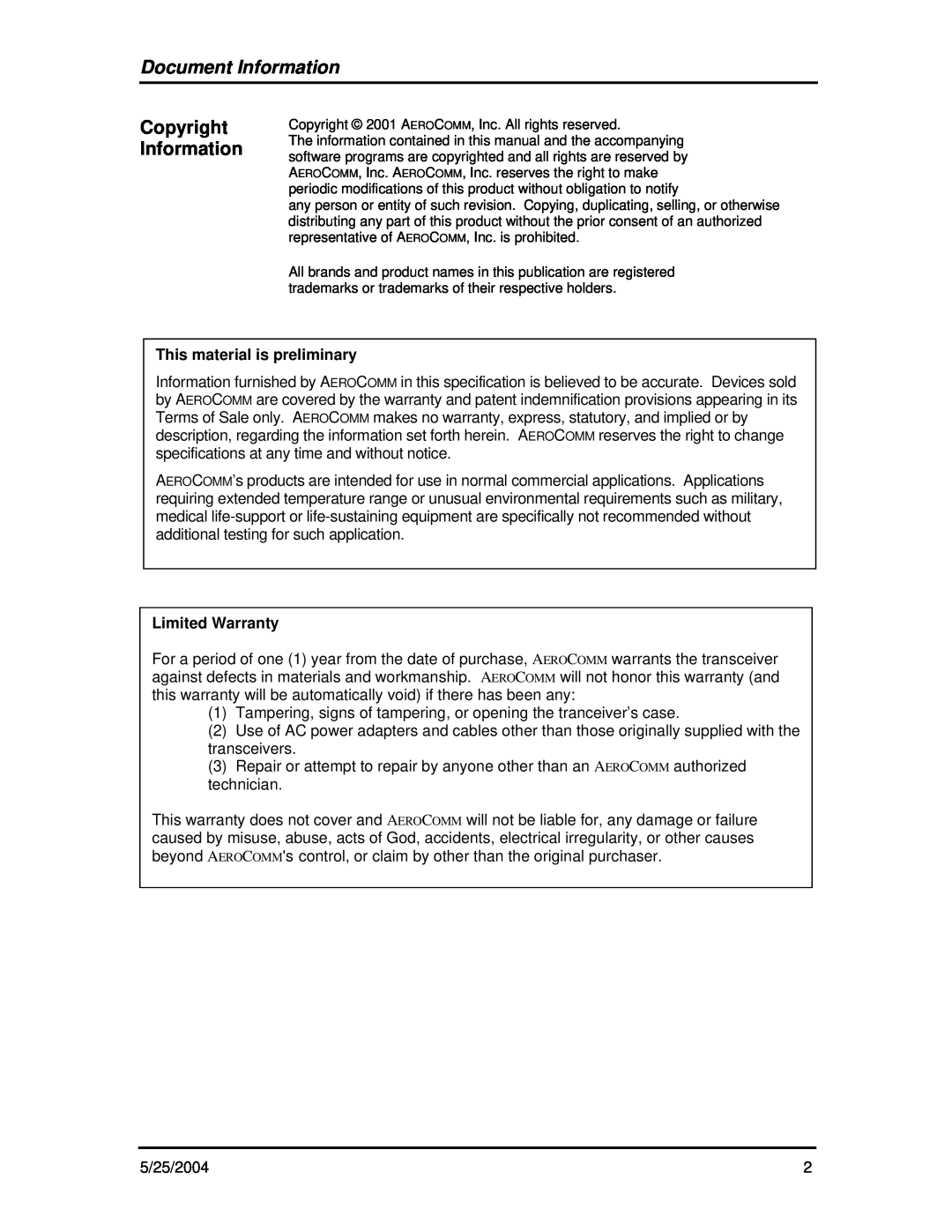 AeroComm ConnexModem Version 2.0 user manual Document Information, Copyright Information, This material is preliminary 
