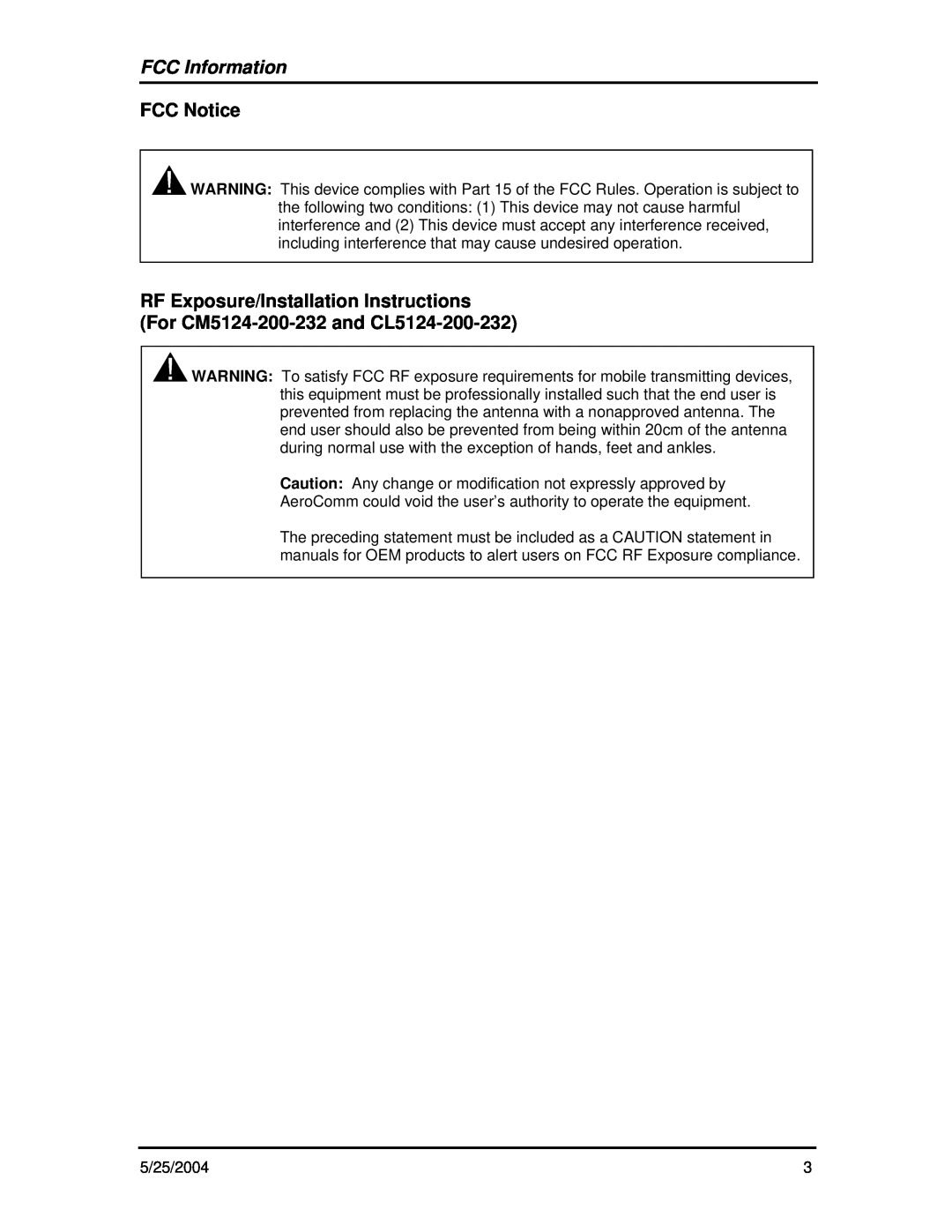 AeroComm ConnexModem Version 2.0 user manual FCC Information, FCC Notice, RF Exposure/Installation Instructions 