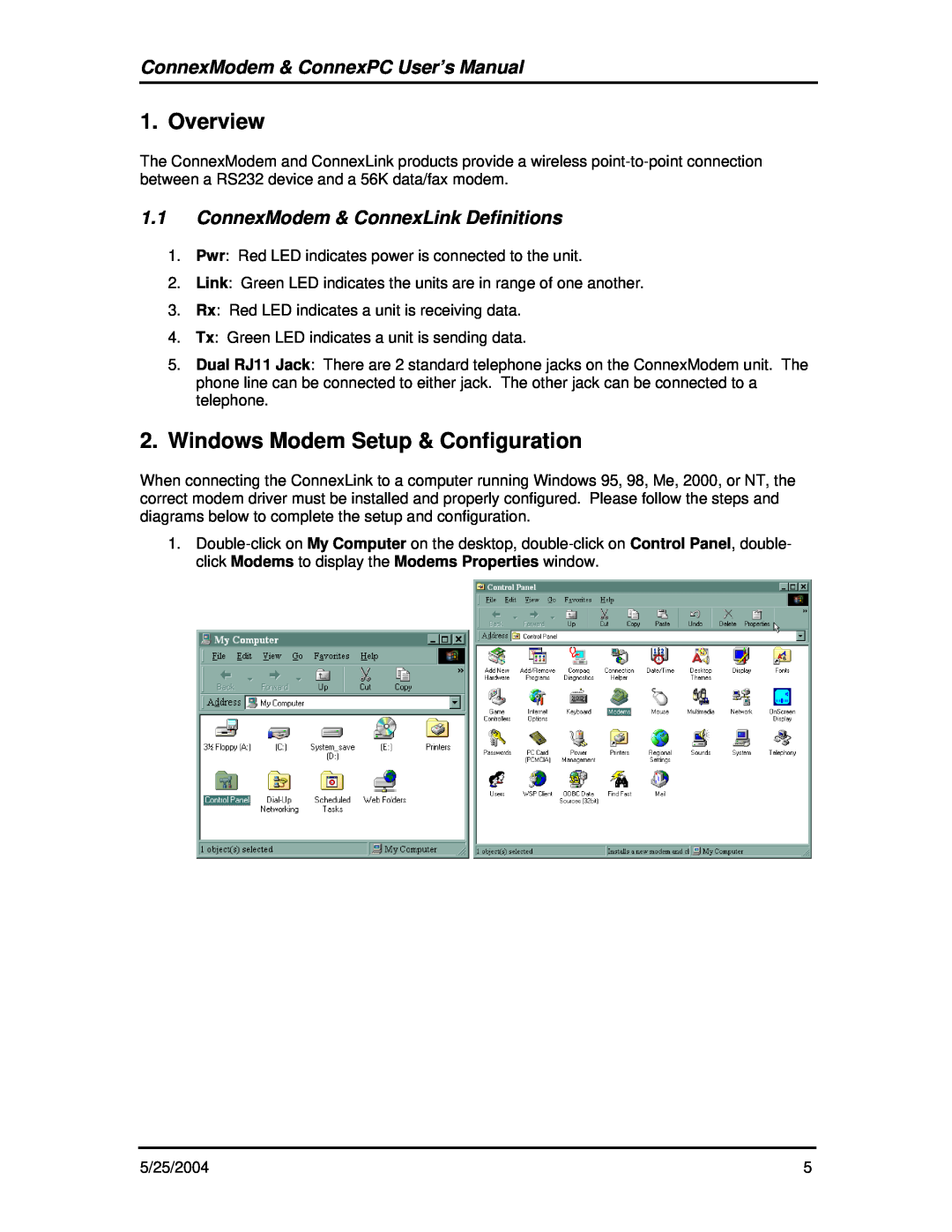 AeroComm ConnexModem Version 2.0 Overview, Windows Modem Setup & Configuration, ConnexModem & ConnexPC User’s Manual 