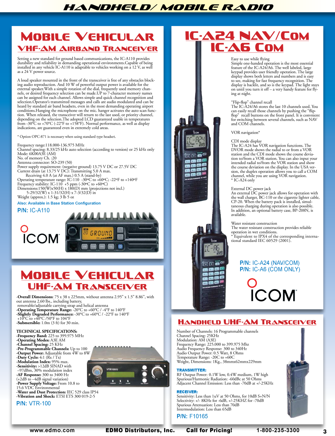 AeroComm SPH Series manual IC-A24NAV/COM IC-A6COM, Mobilevehicular, Handheld/ Mobile Radio, Uhf-Amtransceiver, P/N IC-A110 