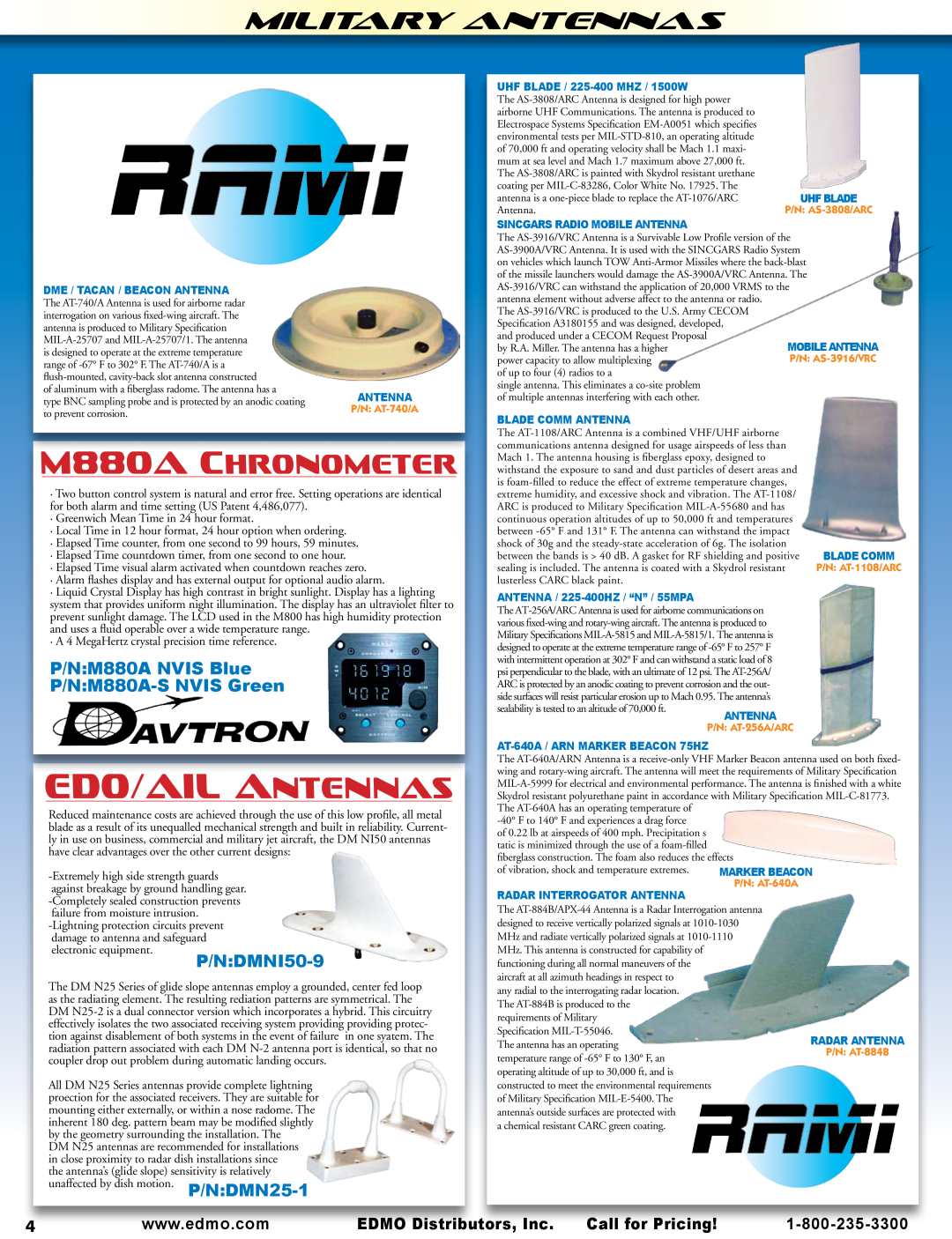 AeroComm SPH Series manual Edo/Ailantennas, M880ACHRONOMETER, Military Antennas, P/N M880A NVIS Blue P/N M880A-SNVIS Green 