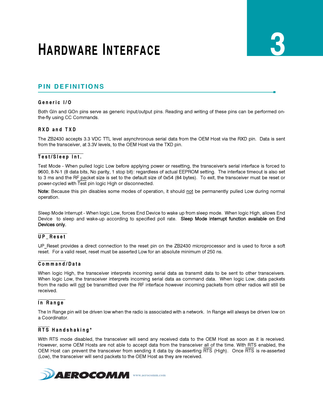 AeroComm ZB2430 manual Hardware Interface 