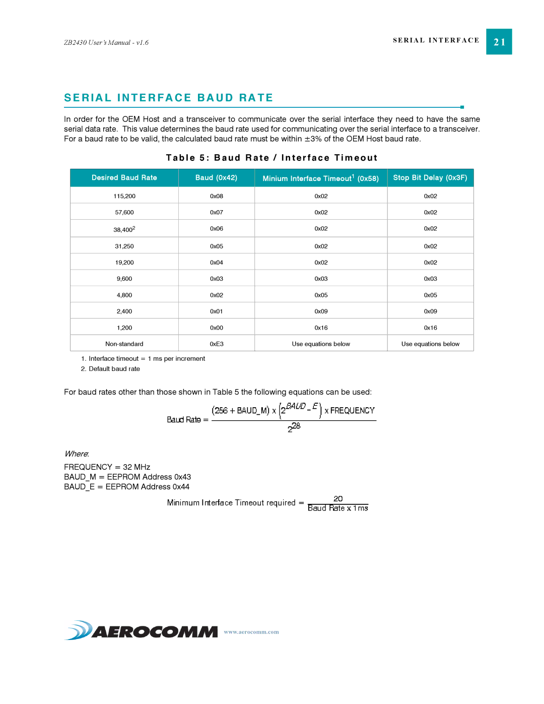 AeroComm ZB2430 manual R I a L I N T E R F a C E B a U D R a T E, B l e 5 B a u d R a t e / I n t e r f a c e T i m e o u t 