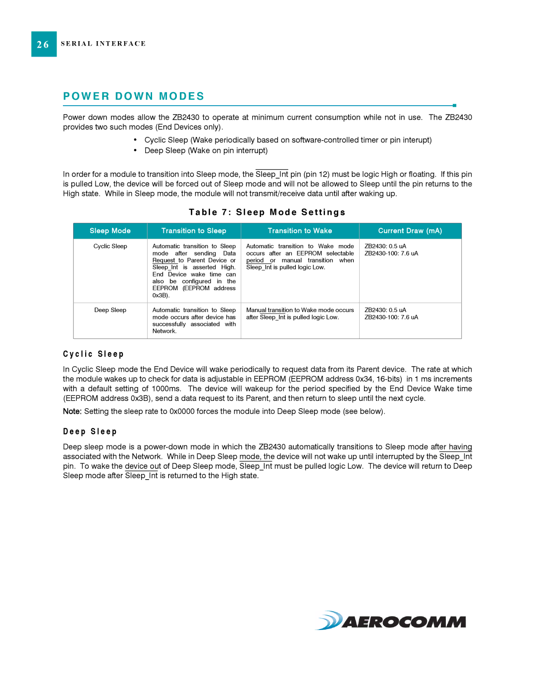 AeroComm ZB2430 manual W E R D O W N M O D E S, B l e 7 S l e e p M o d e S e t t i n g s, C l i c S l e e p, E p S l e e p 