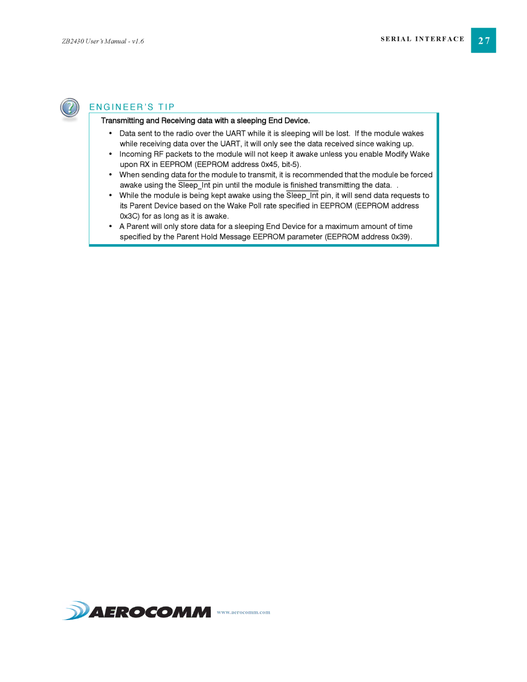 AeroComm ZB2430 manual Transmitting and Receiving data with a sleeping End Device 