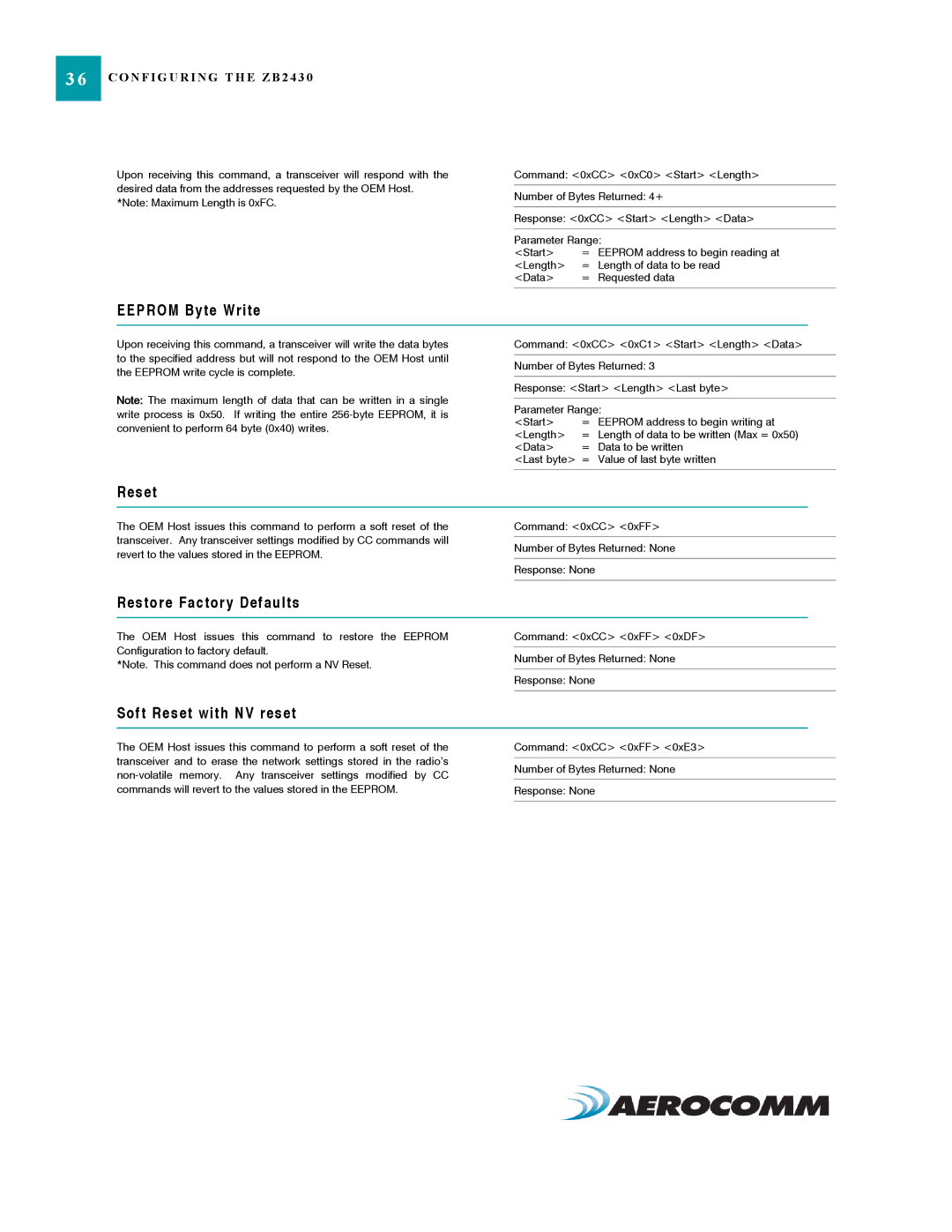 AeroComm ZB2430 manual Eeprom Byte Write, Restore Factory Defaults, Soft Reset with NV reset 