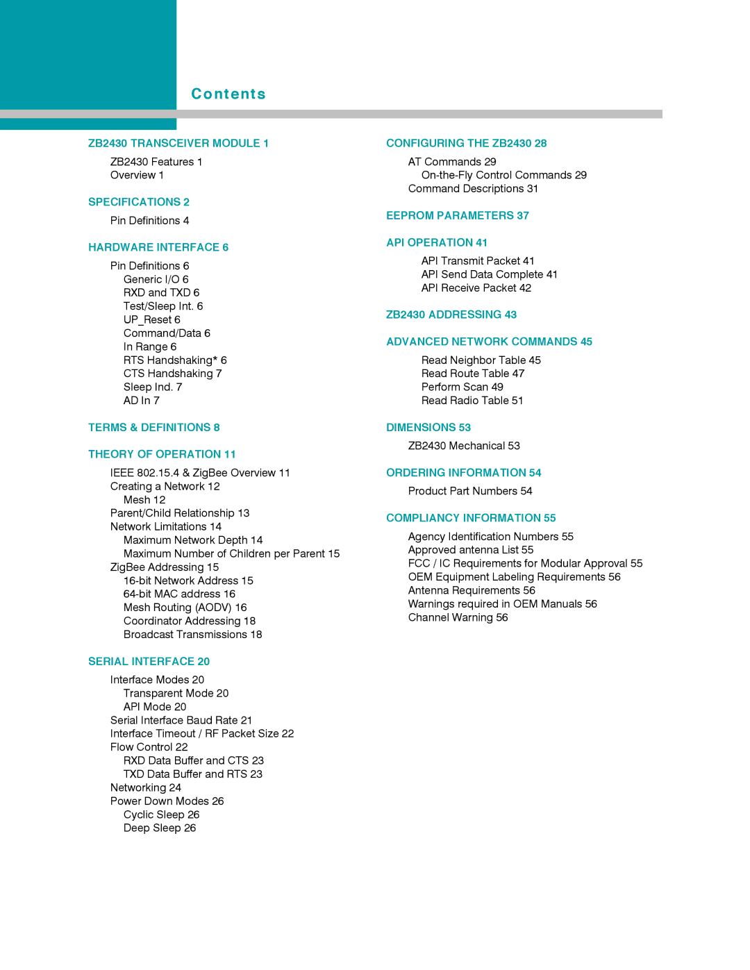 AeroComm ZB2430 manual Contents 