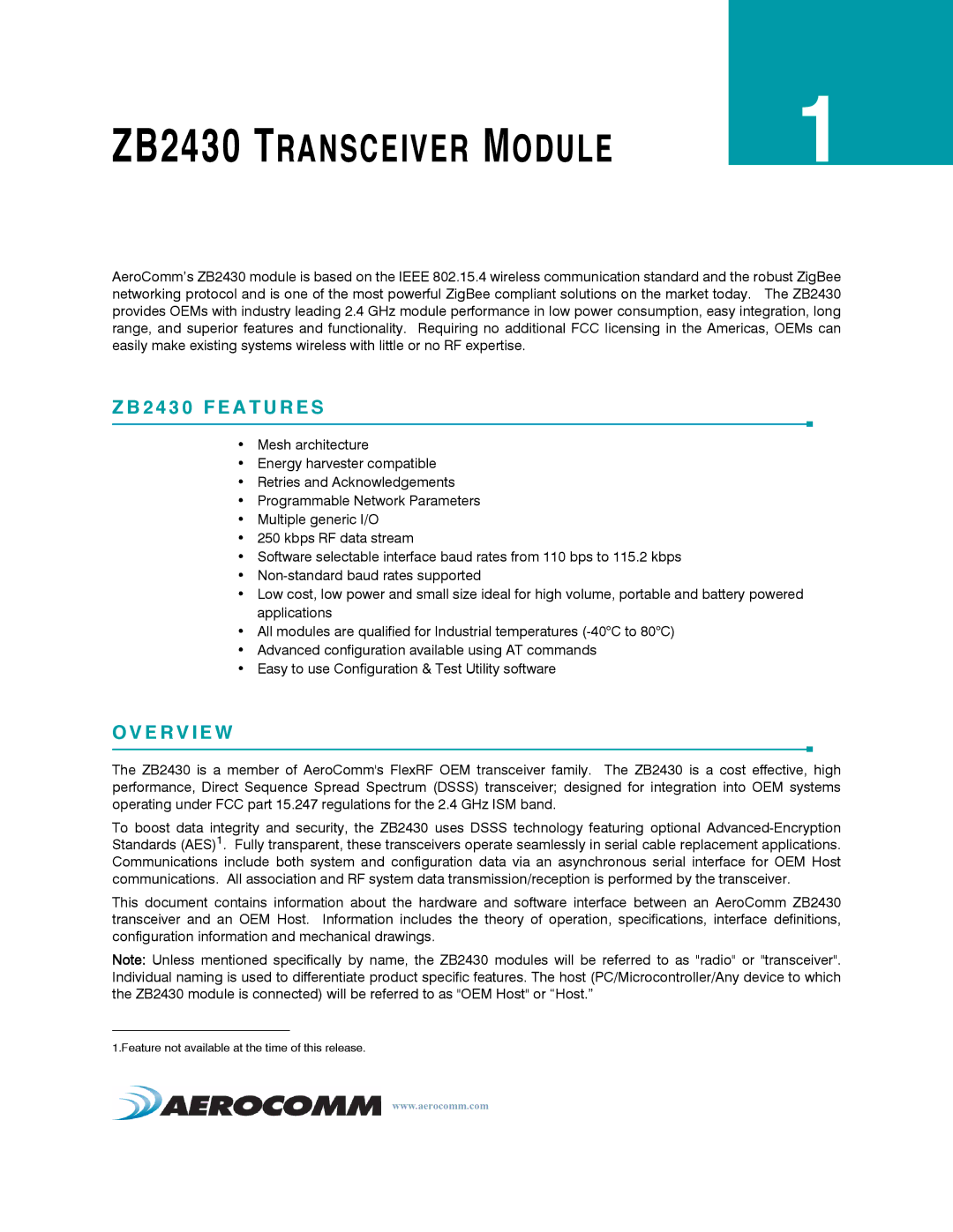 AeroComm manual ZB2430 Transceiver Module, 2 4 3 0 F E a T U R E S, E R V I E W 