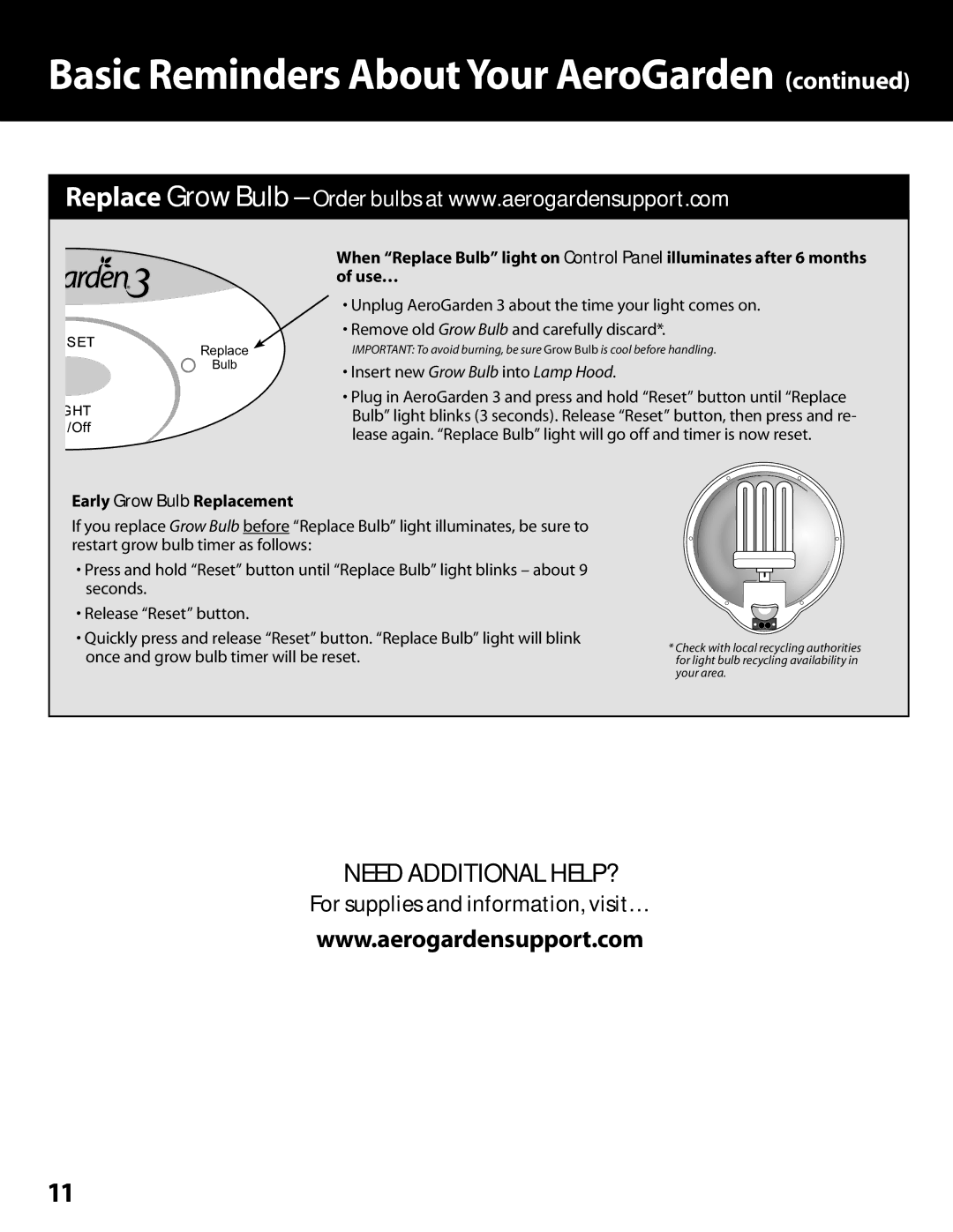 AeroGarden 100302-BSS, 100302-SLR, 100302-WHT, 100302-RED Insert new Grow Bulb into Lamp Hood, Early Grow Bulb Replacement 