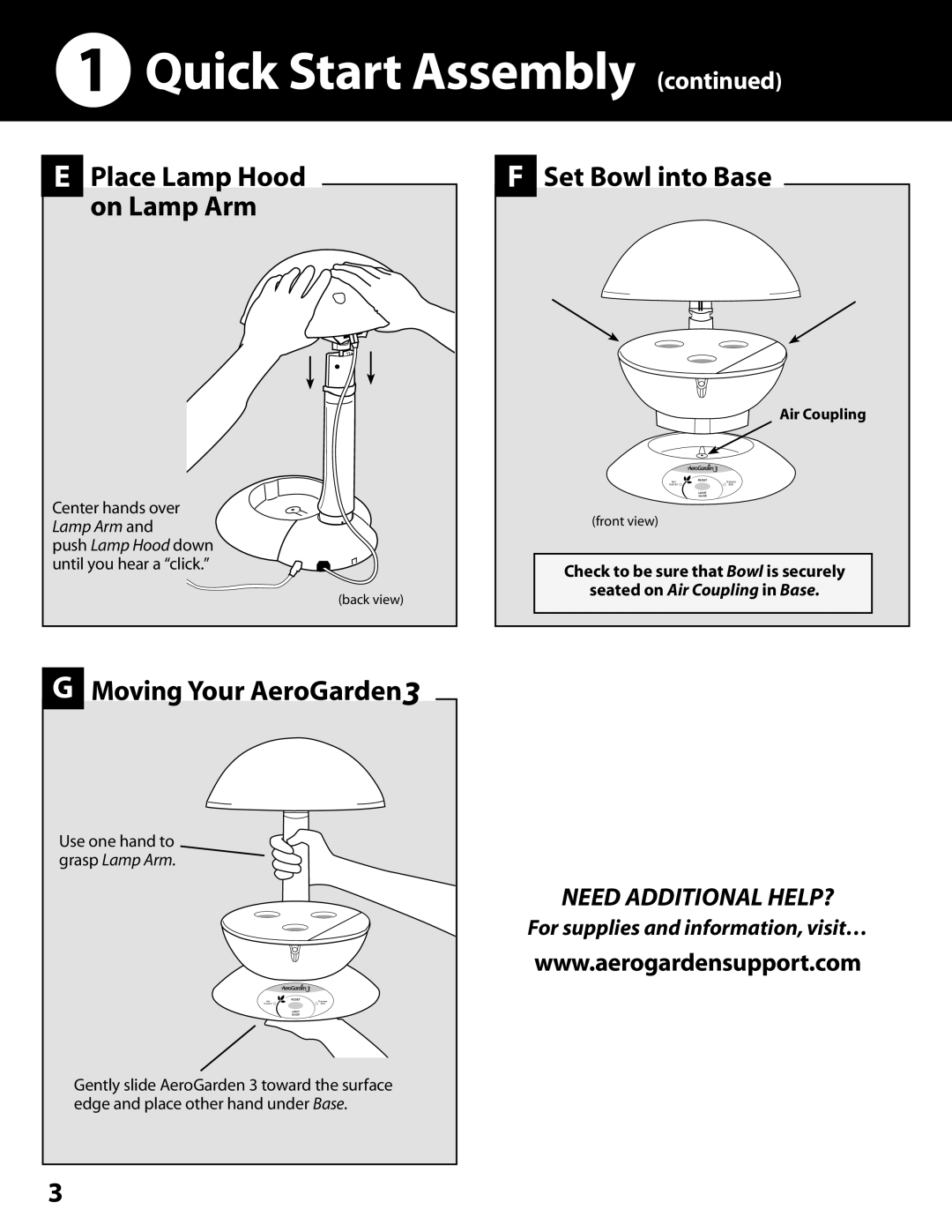 AeroGarden 100302-BLK, 100302-SLR, 100302-WHT, 100302-BSS Quick Start Assembly, Set Bowl into Base, Moving Your AeroGarden3 