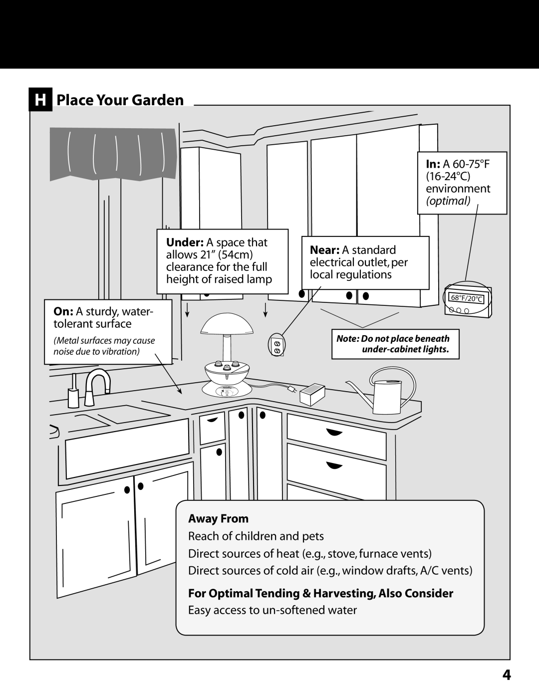 AeroGarden 100302-SLR, 100302-WHT, 100302-BSS, 100302-RED, 100302-BLK quick start Place Your Garden, Away From 