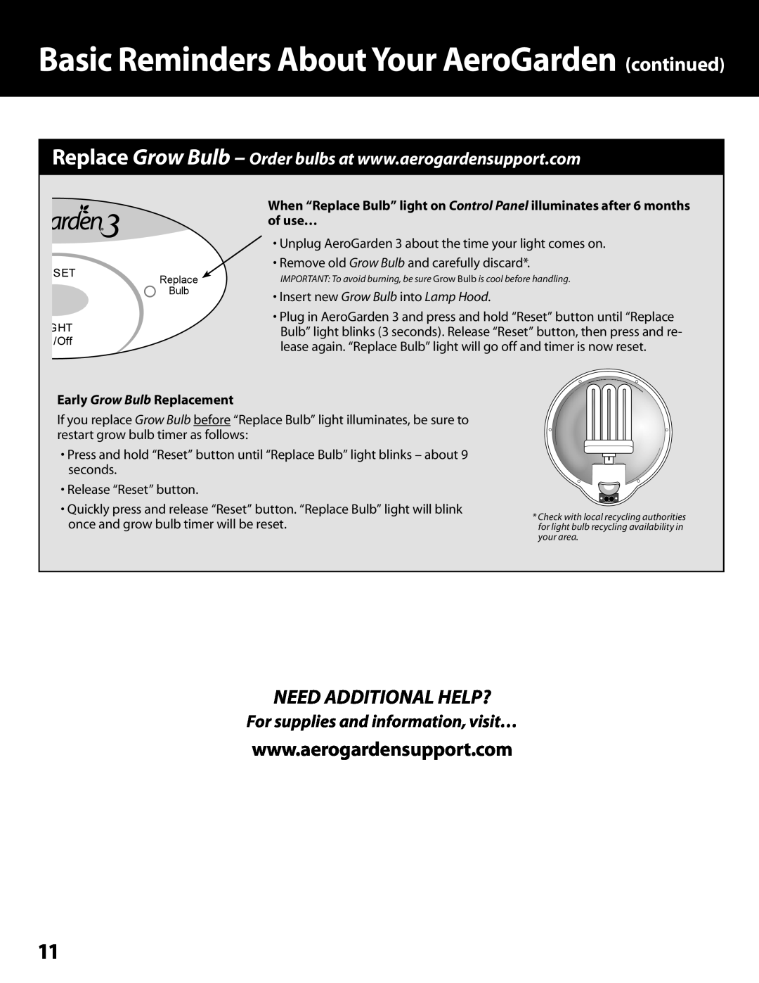 AeroGarden 100302-BSS, 100302-SLR need AddITIonAl HelP?, Insert new Grow Bulb into Lamp Hood, Early Grow Bulb Replacement 