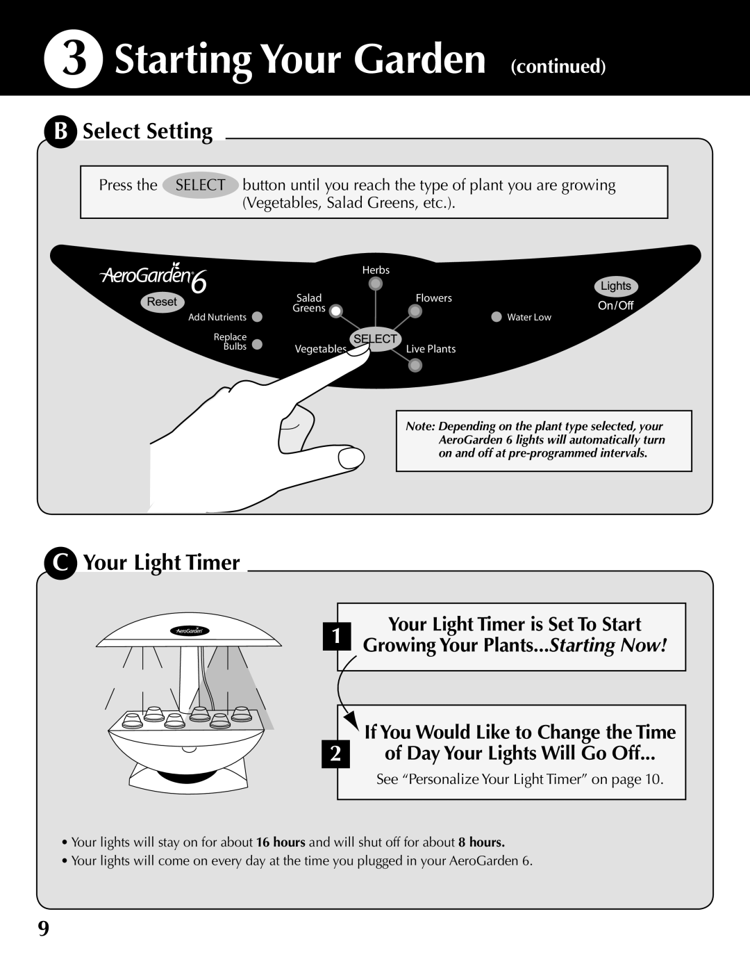 AeroGarden 100610-BLK, 100610-WHT, 100610-SLR quick start Select Setting, Your Light Timer 