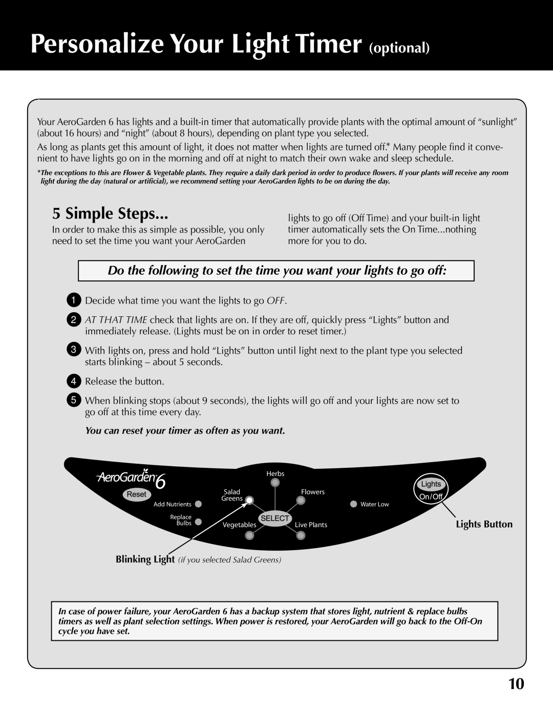 AeroGarden 100610-SLR, 100610-WHT, 100610-BLK quick start Personalize Your Light Timer optional, Simple Steps 