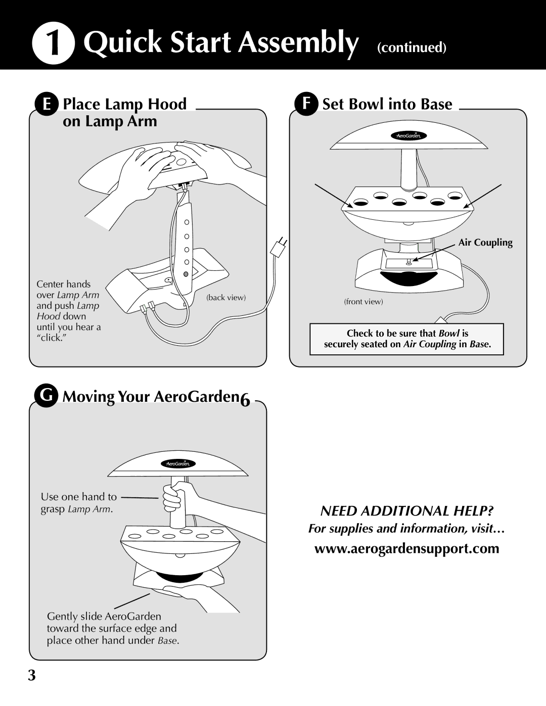 AeroGarden 100610-BLK, 100610-WHT, 100610-SLR Quick Start Assembly, Place Lamp Hood, On Lamp Arm, Moving Your AeroGarden6 