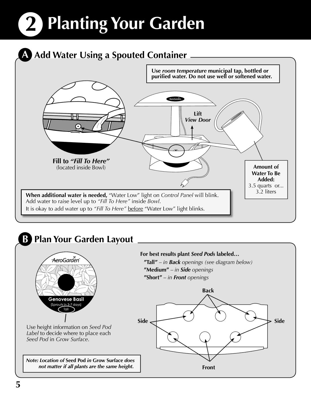 AeroGarden 100610-WHT, 100610-BLK Planting Your Garden, Add Water Using a Spouted Container, Plan Your Garden Layout 