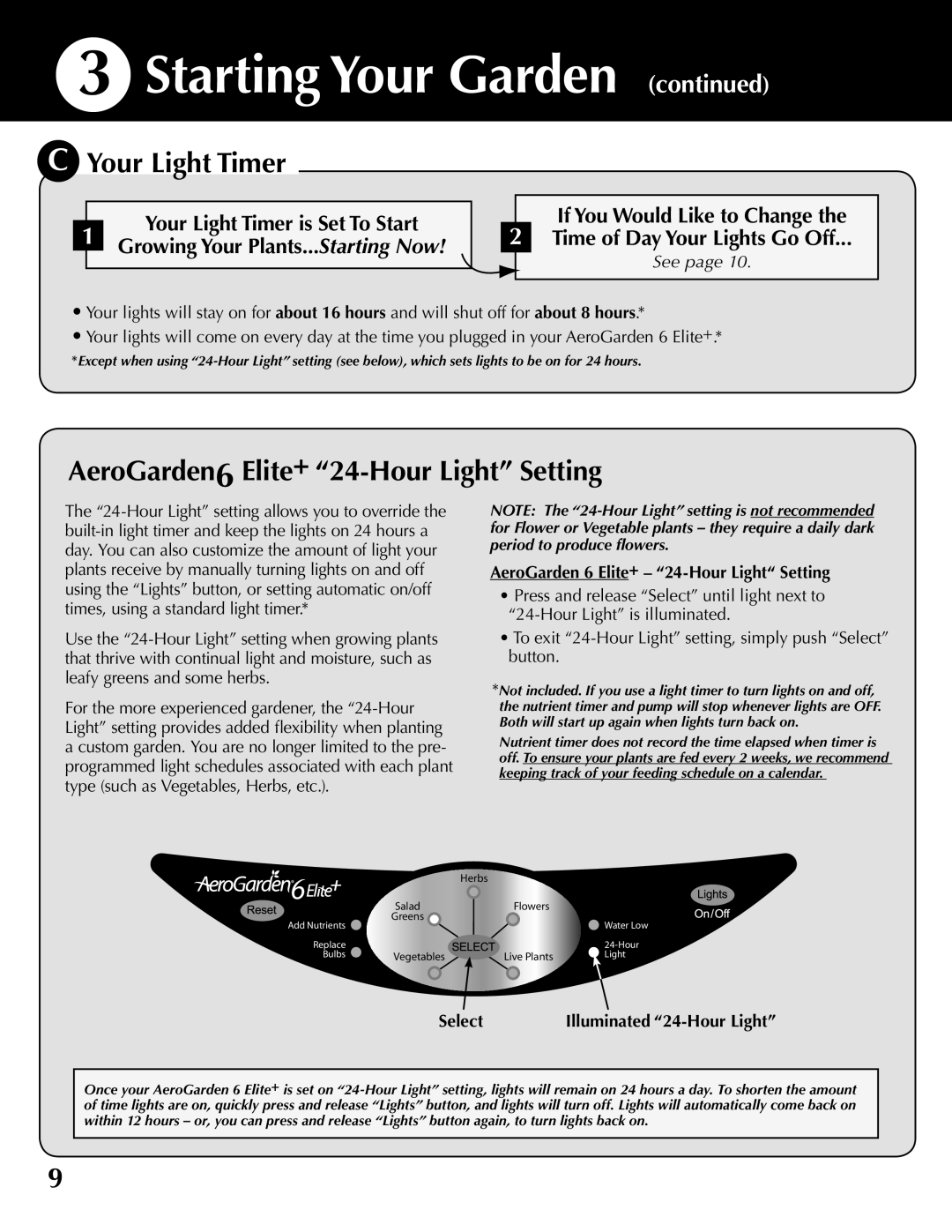 AeroGarden 200633, 100633-DSS quick start Your Light Timer, AeroGarden6 Elite+ 24-Hour Light Setting, See, Select 