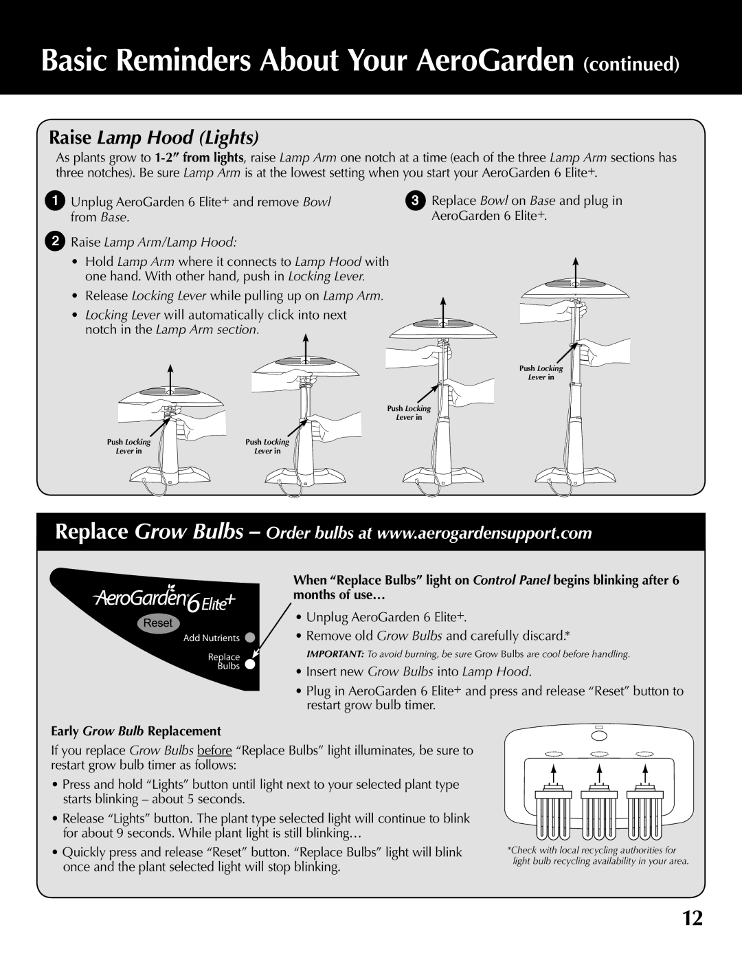 AeroGarden 200633, 100633 Raise Lamp Arm/Lamp Hood, Insert new Grow Bulbs into Lamp Hood, Early Grow Bulb Replacement 