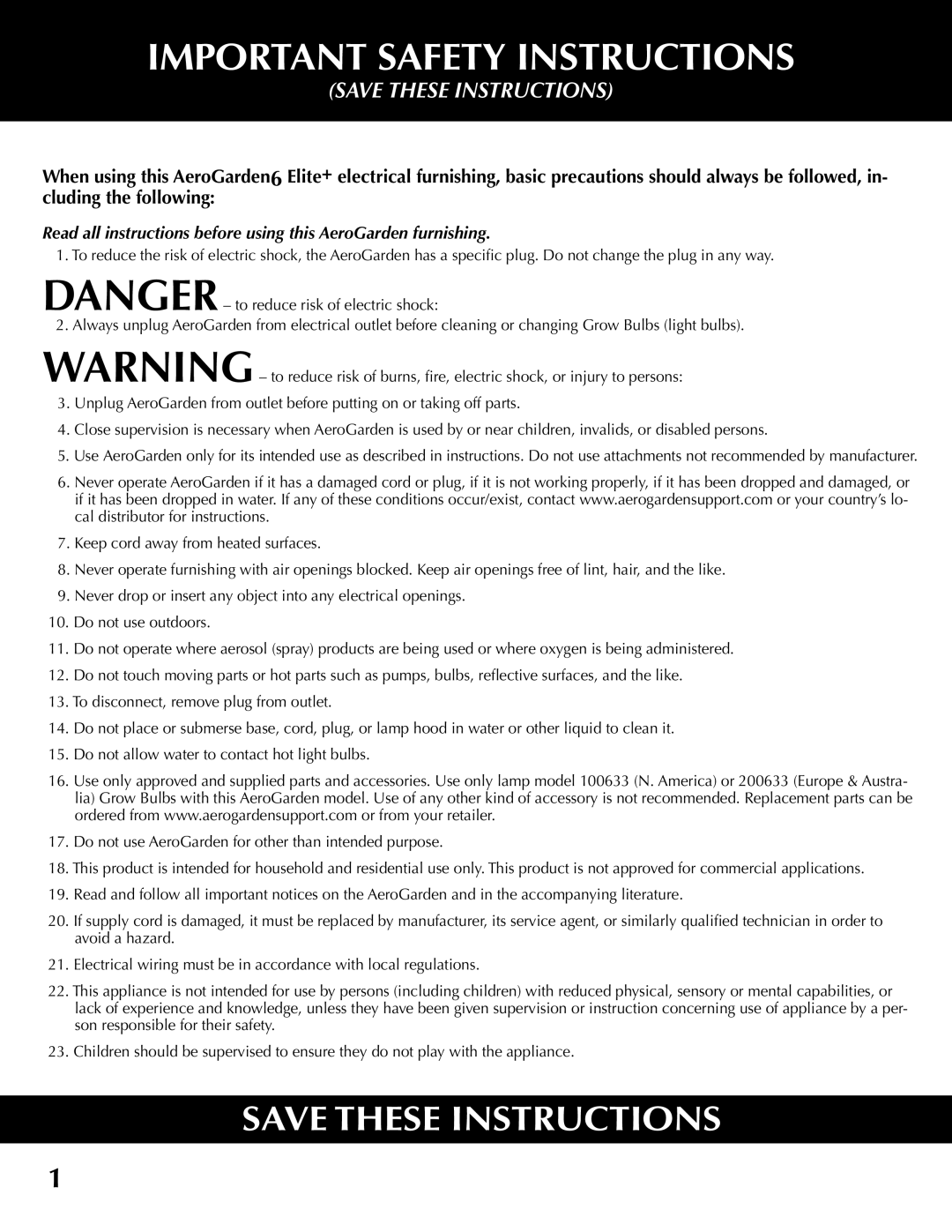 AeroGarden 100633-DSS, 200633 quick start Important Safety Instructions 