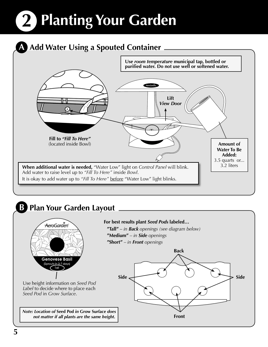 AeroGarden 200633, 100633-DSS Planting Your Garden, Add Water Using a Spouted Container, Plan Your Garden Layout 