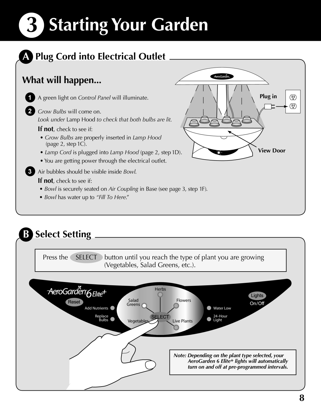 AeroGarden 100633 Starting Your Garden, Plug Cord into Electrical Outlet What will happen, Select Setting, Plug View Door 