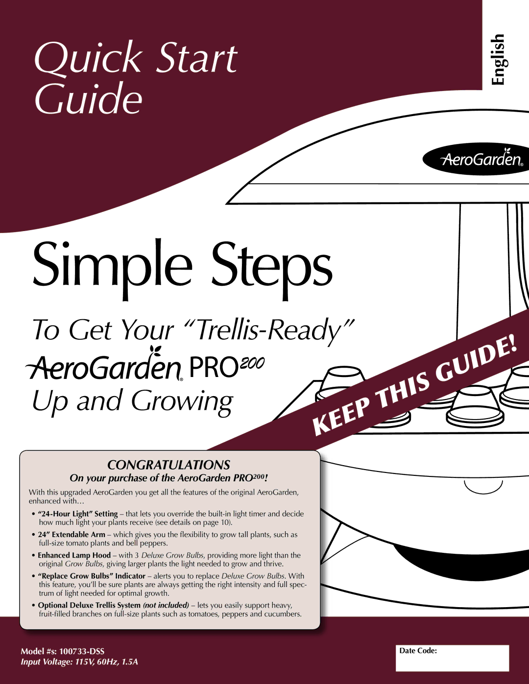 AeroGarden PRO200, 100733-DSS quick start Simple Steps 