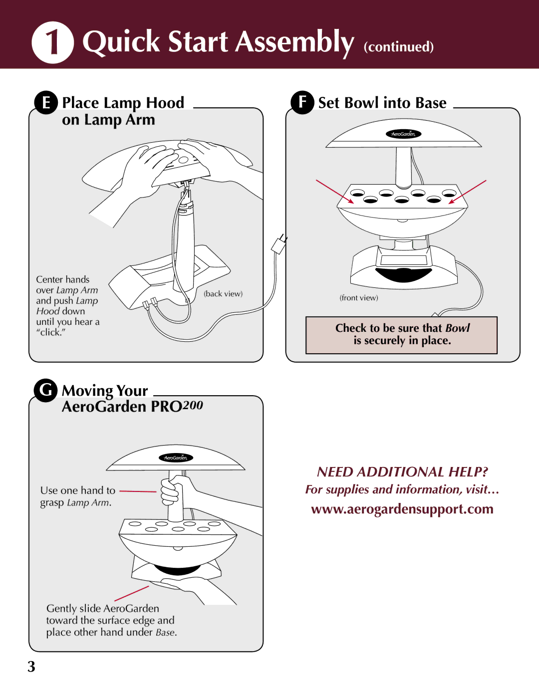 AeroGarden 100733-DSS, PRO200 quick start Quick Start Assembly, Set Bowl into Base, Over Lamp Arm, Hood down 