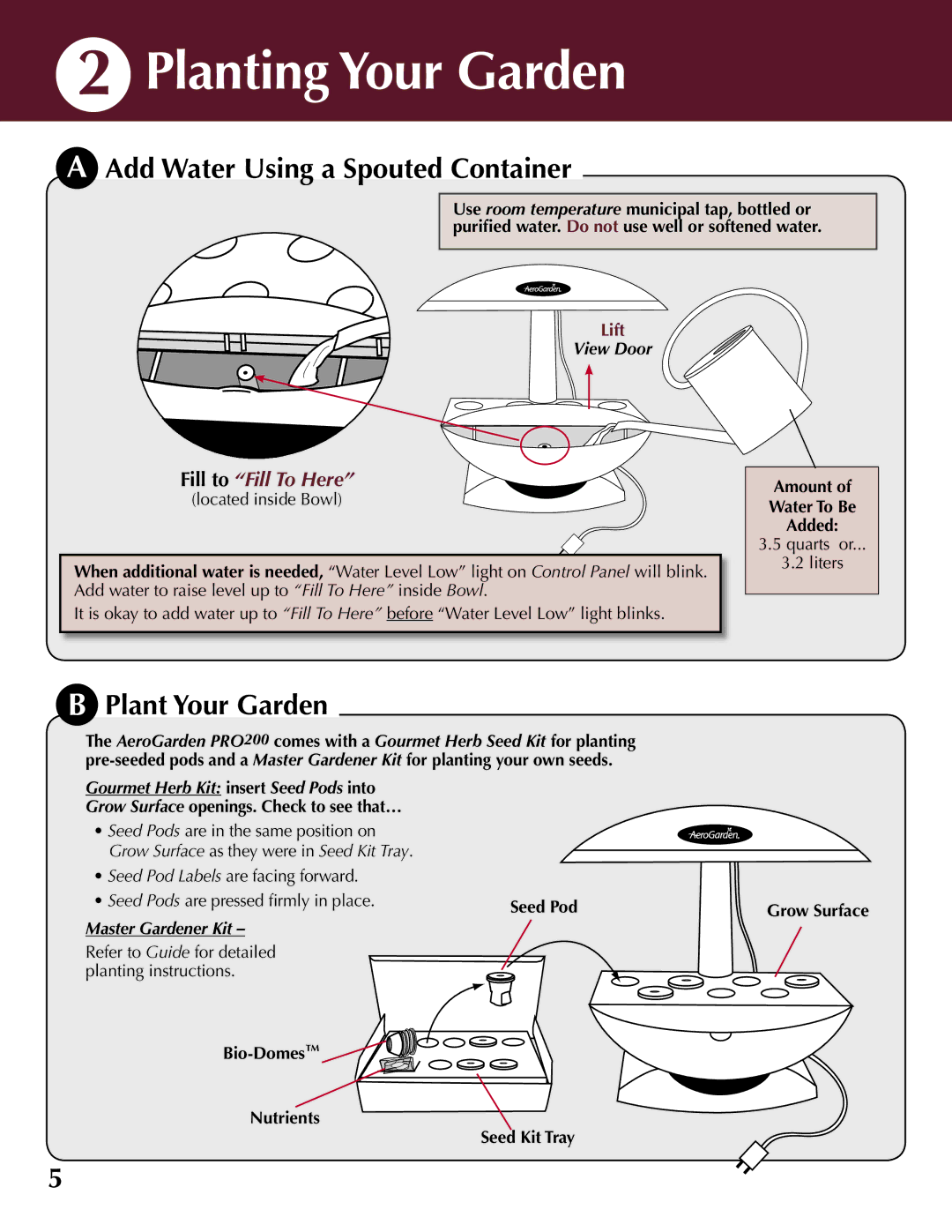 AeroGarden 100733-DSS, PRO200 quick start Planting Your Garden, Add Water Using a Spouted Container, Plant Your Garden 