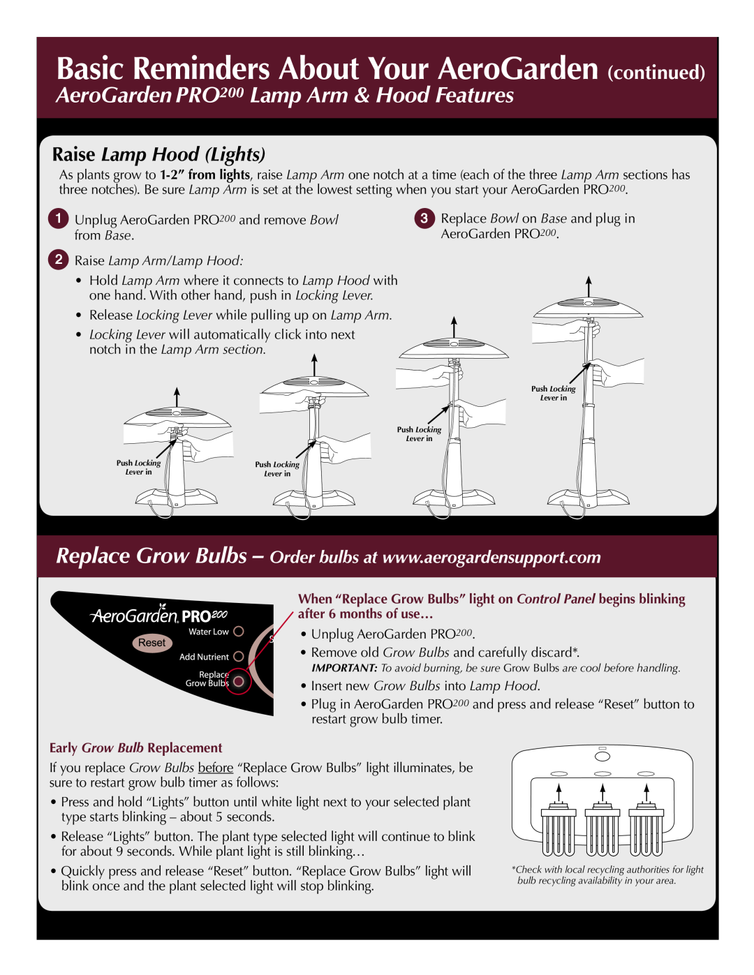 AeroGarden 100733-DSS Basic Reminders About Your AeroGarden continued, AeroGarden PRO200 Lamp Arm & Hood Features 