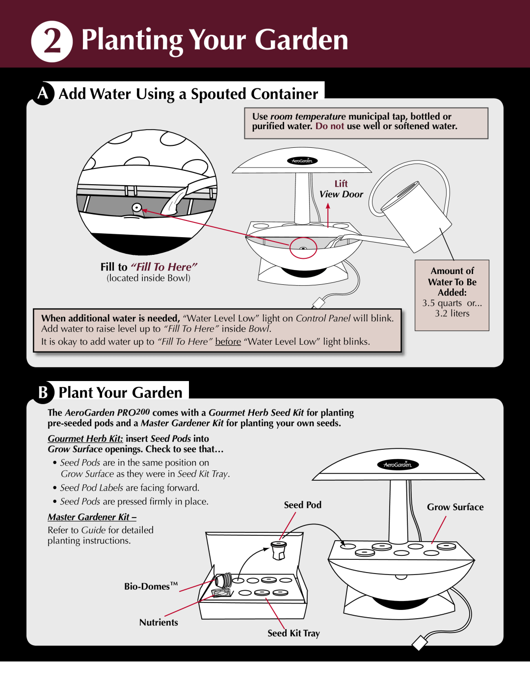 AeroGarden 100733-DSS 2Planting Your Garden, AAdd Water Using a Spouted Container, BPlant Your Garden, Lift, Seed Pod 