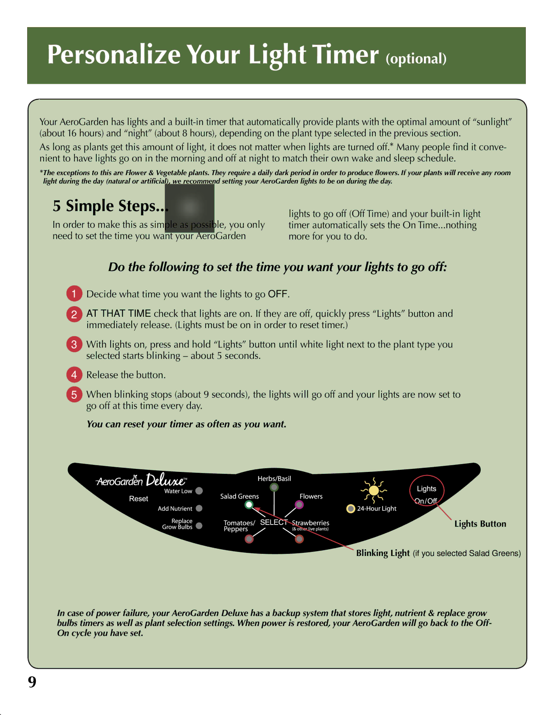 AeroGarden 100733-WHT, 100733-BLK quick start Personalize Your Light Timer optional, Simple Steps 