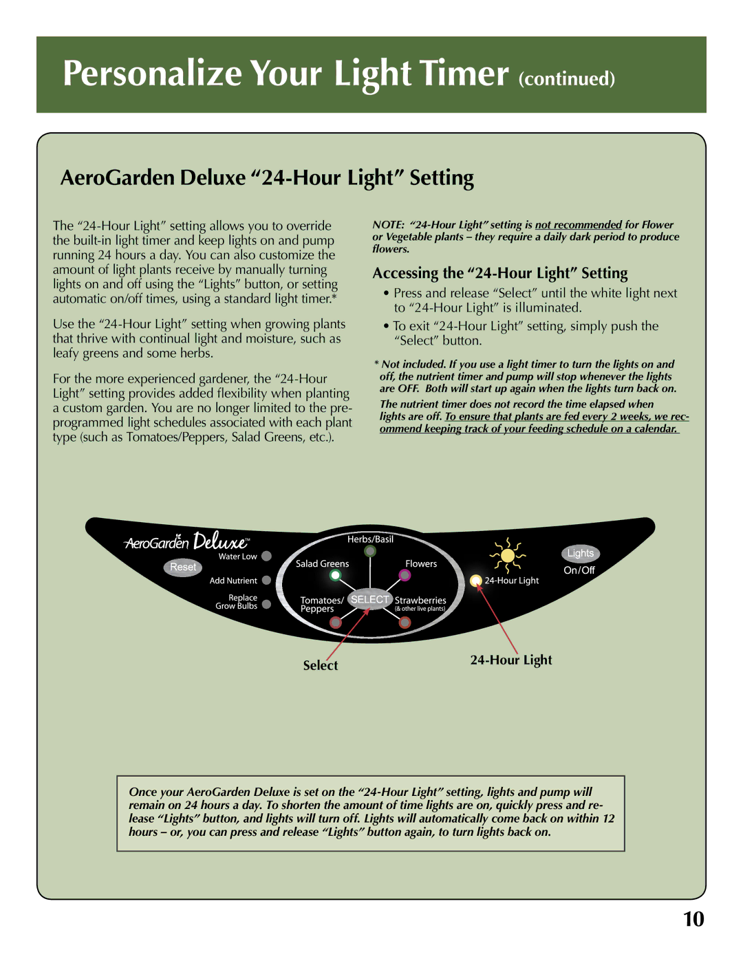 AeroGarden 100733-BLK, 100733-WHT quick start Personalize Your Light Timer, AeroGarden Deluxe 24-Hour Light Setting 