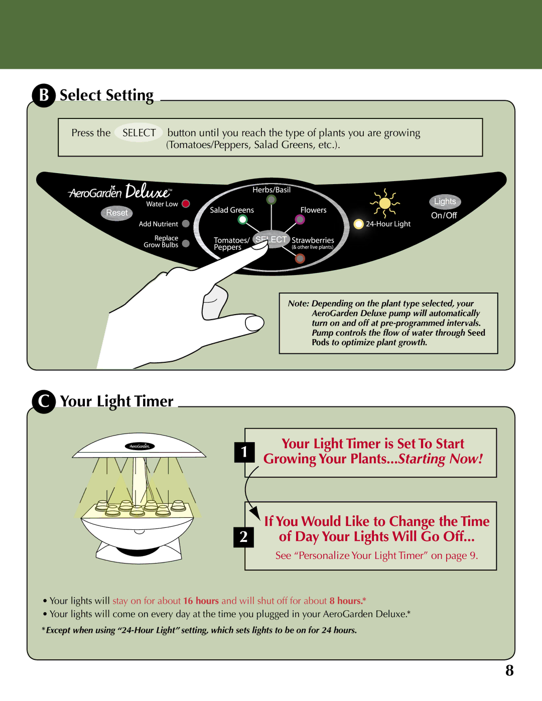 AeroGarden 100733-BLK, 100733-WHT quick start Select Setting, Your Light Timer 