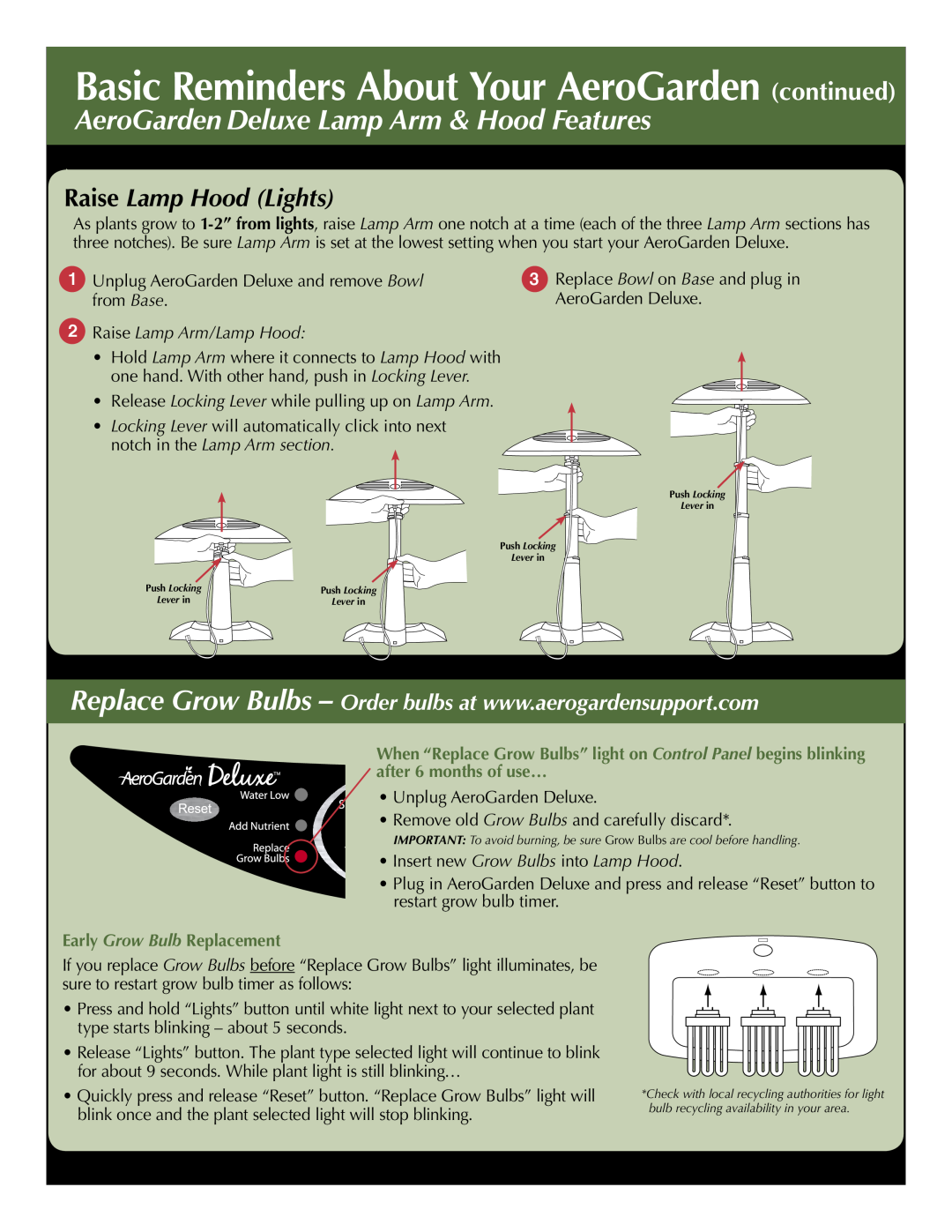 AeroGarden 100733-WHT Basic Reminders About Your AeroGarden continued, Raise Lamp Hood Lights, 2Raise Lamp Arm/Lamp Hood 