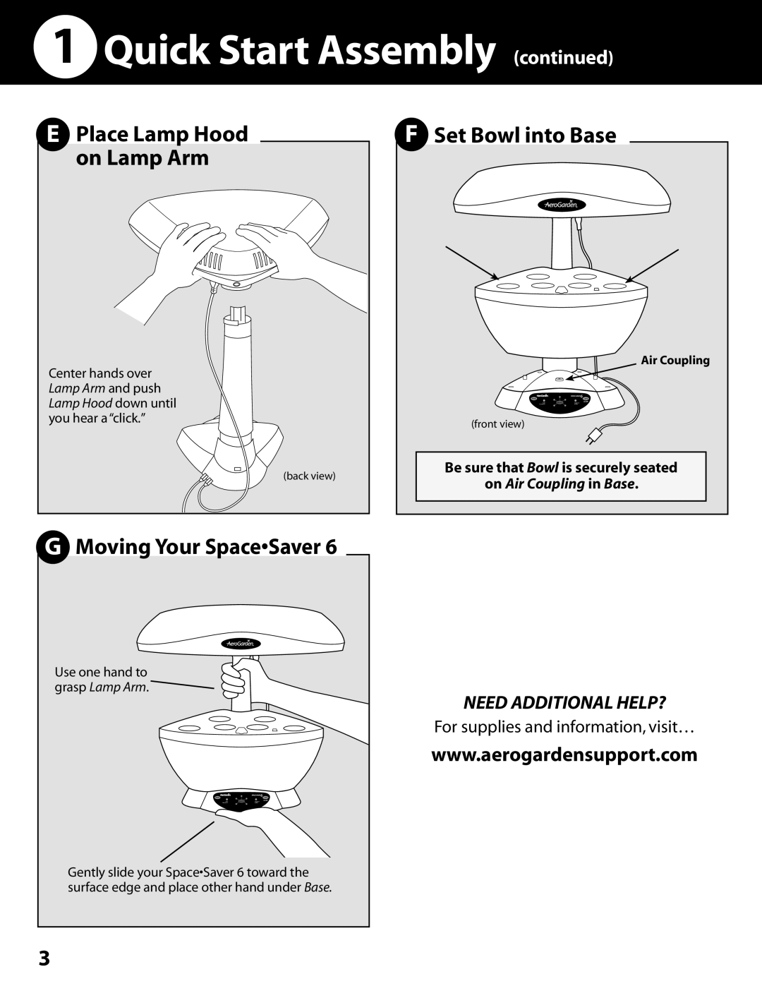 AeroGarden 100602-SLR, 200340, 100602-WHT, 100603-BSS Quick Start Assembly, Moving Your SpaceSaver, Set Bowl into Base 