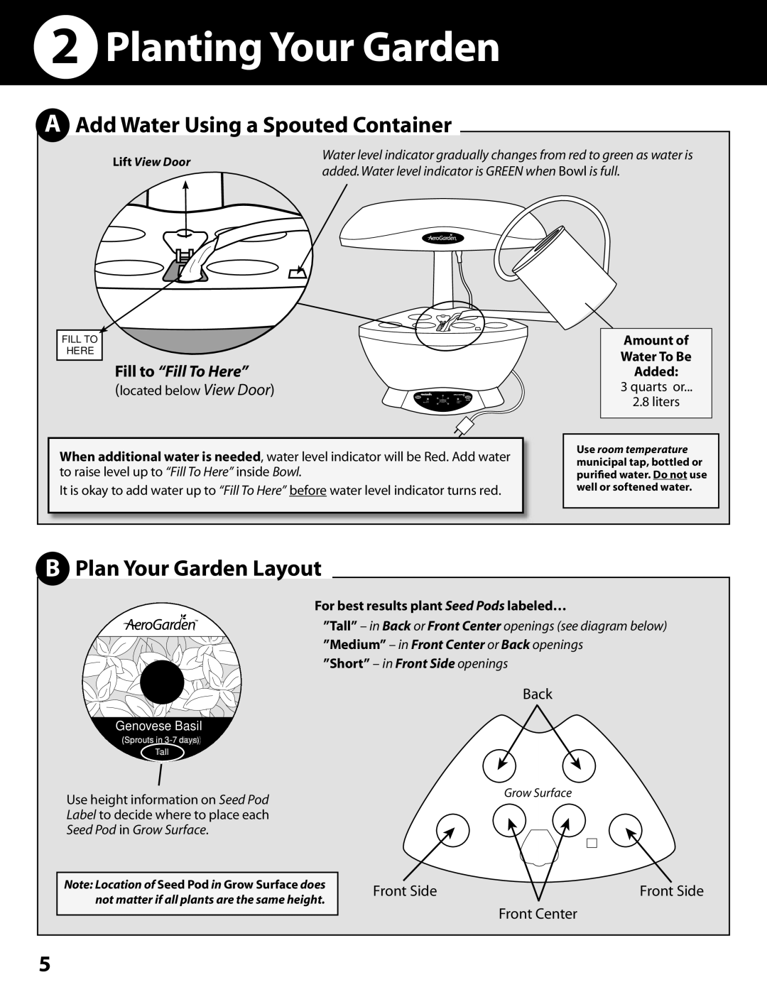 AeroGarden 200340, 100602-WHT, 100340 Planting Your Garden, Add Water Using a Spouted Container, Plan Your Garden Layout 