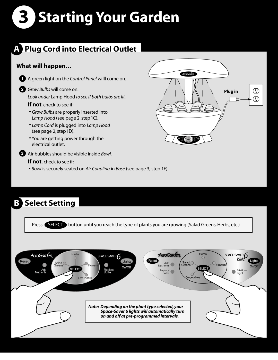AeroGarden 100340, 200340 3Starting Your Garden, APlug Cord into Electrical Outlet, BSelect Setting, What will happen… 