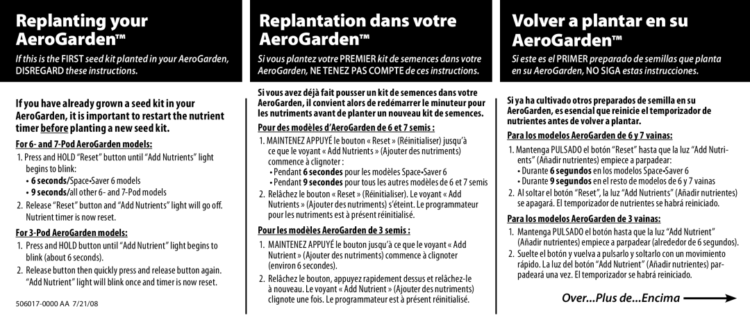 AeroGarden 3 manual Replanting your AeroGarden, Replantation dans votre AeroGarden, Volver a plantar en su AeroGarden 