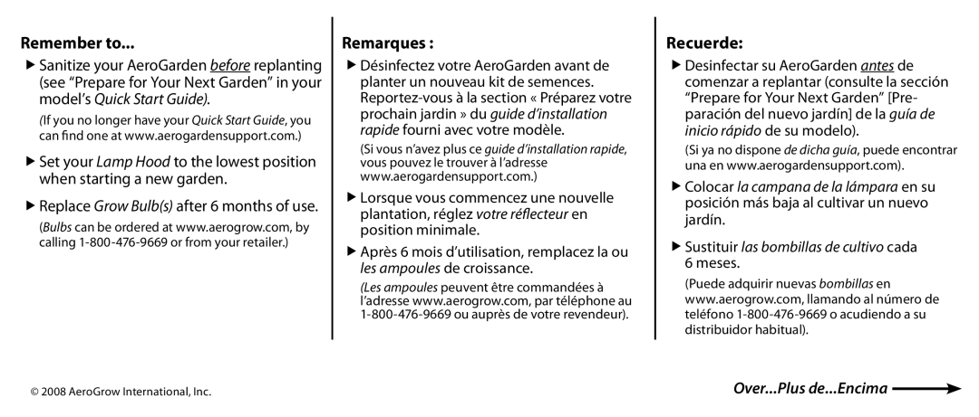 AeroGarden 3 manual Remember to, Remarques, Recuerde, AeroGrow International, Inc 