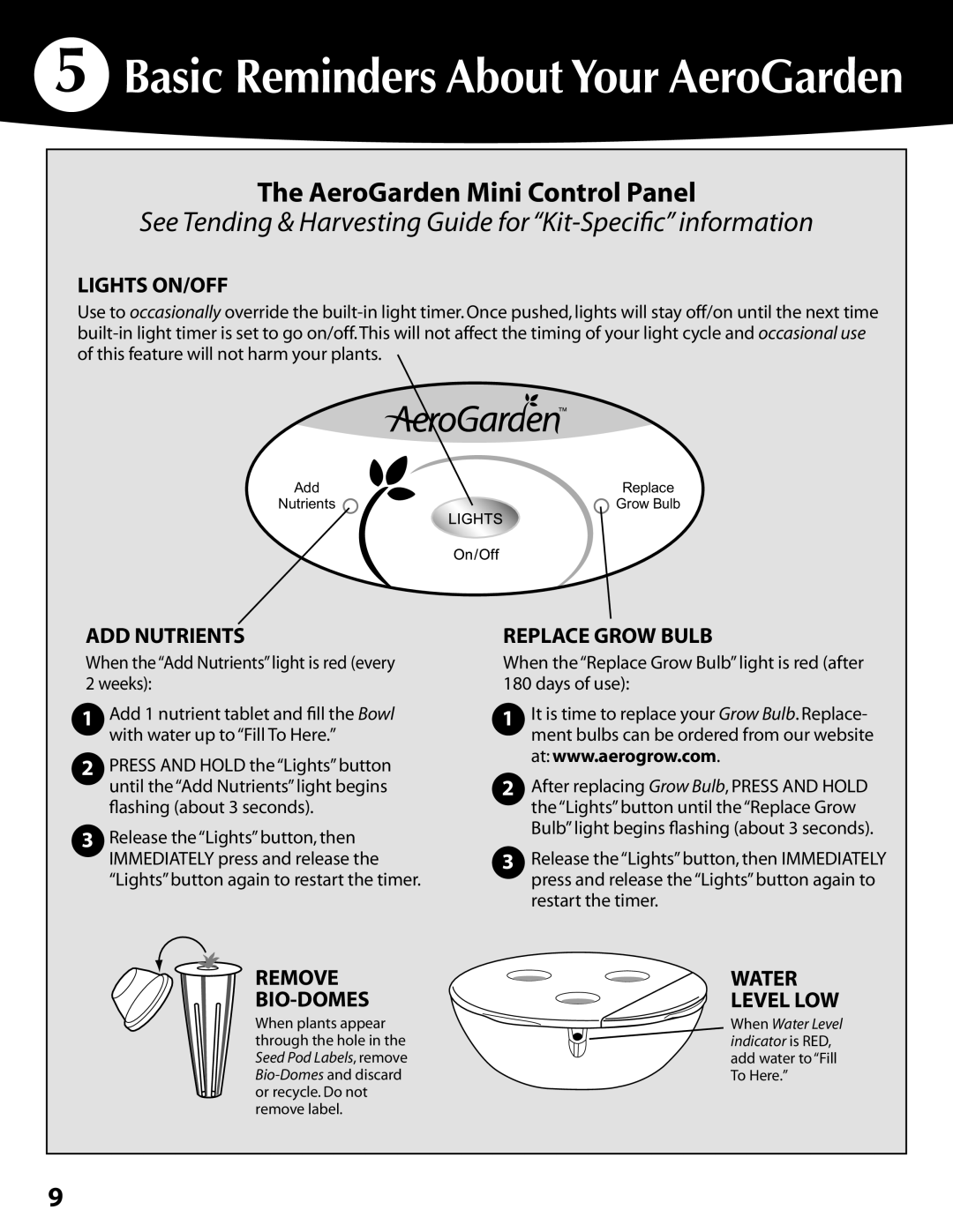 AeroGarden 300291 quick start Basic Reminders About Your AeroGarden, AeroGarden Mini Control Panel 