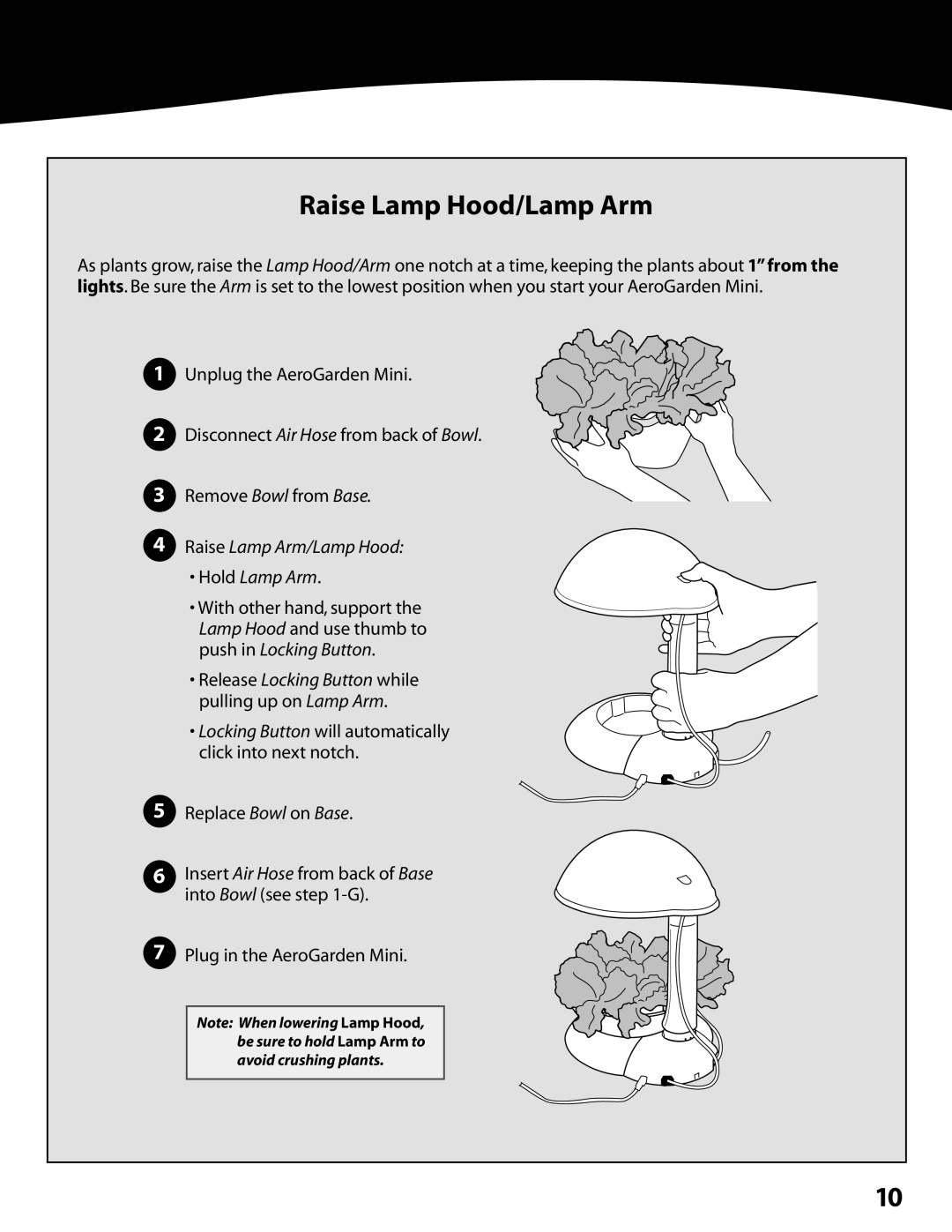 AeroGarden 300291 quick start Raise Lamp Hood/Lamp Arm, Raise Lamp Arm/Lamp Hood 