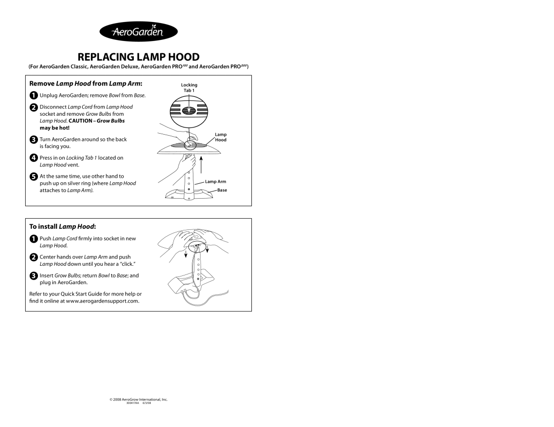 AeroGarden 300417AA quick start Replacing Lamp Hood, Remove Lamp Hood from Lamp Arm, To install Lamp Hood 