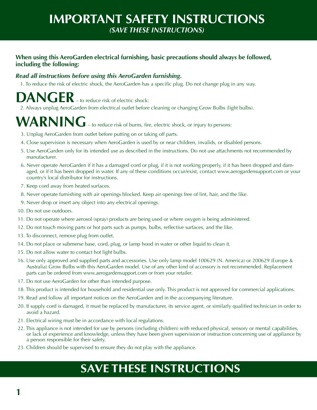 AeroGarden 200629, 500710-SLR, 200710-WHT, 500710-WHT, 200710-WTG, 500710-BLK, Classic, 200710-BLK Important Safety Instructions 