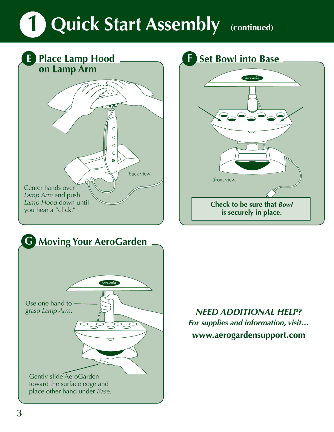 AeroGarden 200710-WTG, 500710-SLR, 200710-WHT Quick Start Assembly, Place Lamp Hood, On Lamp Arm, Moving Your AeroGarden 
