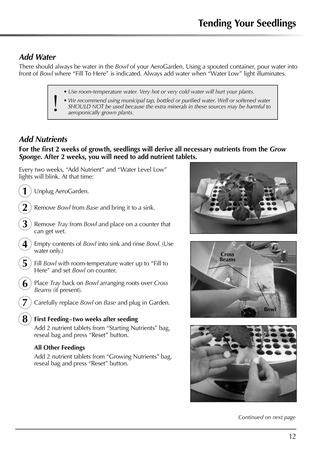 AeroGarden 507140-0000 AD manual Tending Your Seedlings, Add Water, Add Nutrients 