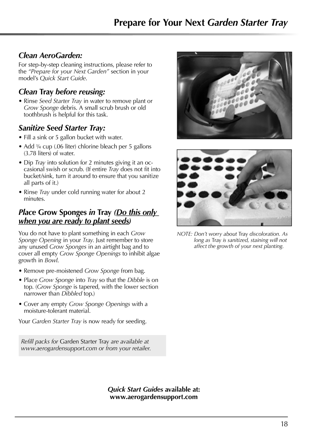 AeroGarden 507140-0000 AD manual Prepare for Your Next Garden Starter Tray, Clean AeroGarden, Clean Tray before reusing 