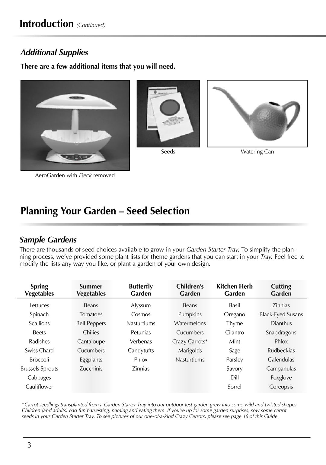 AeroGarden 507140-0000 AD manual Planning Your Garden Seed Selection, Additional Supplies, Sample Gardens 