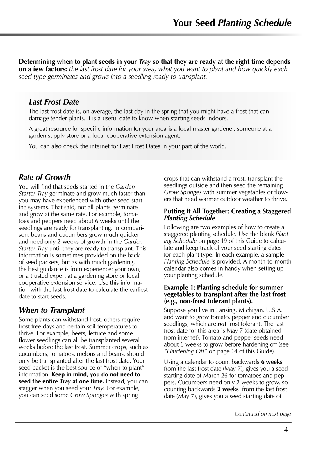 AeroGarden 507140-0000 AD manual Last Frost Date, Rate of Growth, When to Transplant 