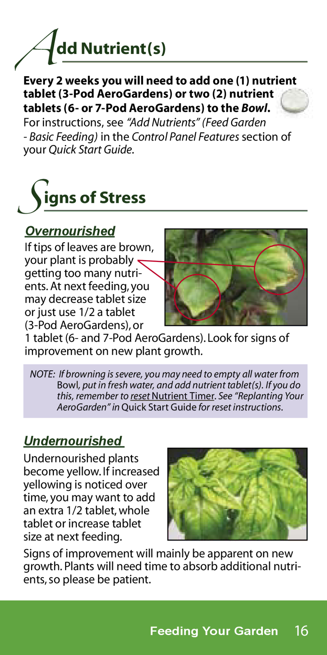 AeroGarden 1-Season manual Add Nutrients, Igns of Stress, Tablets 6- or 7-Pod AeroGardens to the Bowl 